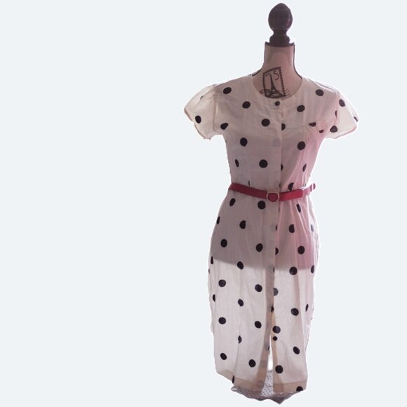 COPY - Retro ivory black polka dot buttoned dress size L - Picture 3 of 10
